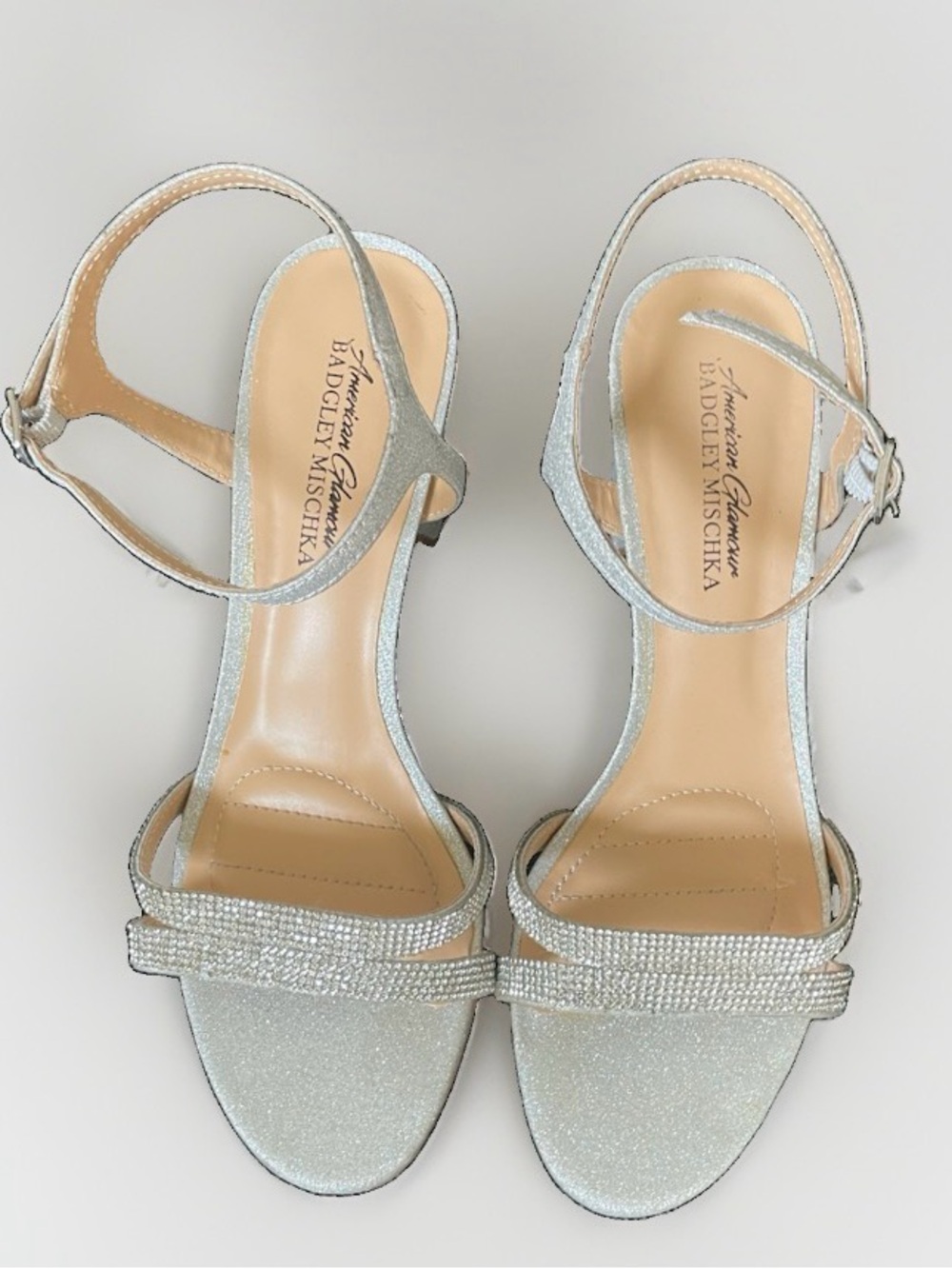 American glamour Badgley Mischka Silver Glitter Rhinestone Strap Heels